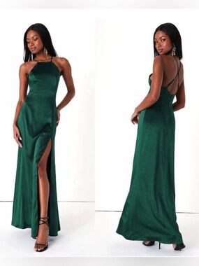 Lulu’s Born to Captivate Forest Green Satin Backless Maxi Dress Formal Slit S